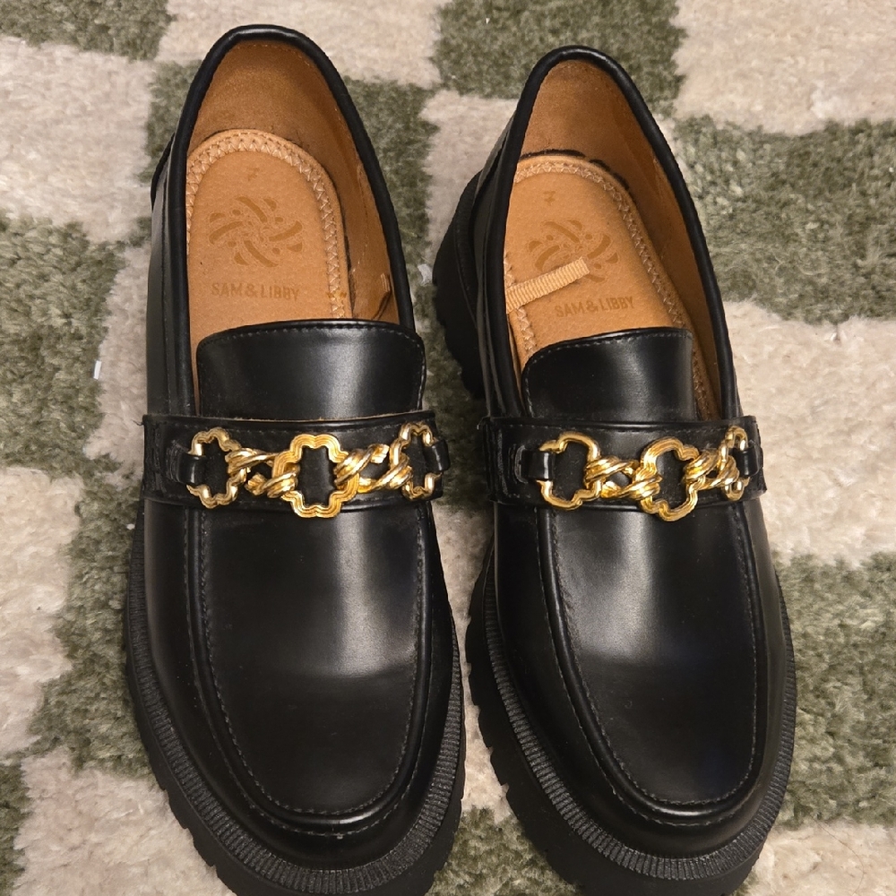 Sam & Libby Black Loafers with Gold Chain Detail